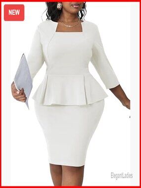 Plus Size Peplum Midi Dress 3/4 Sleeve Bodycon Work Church